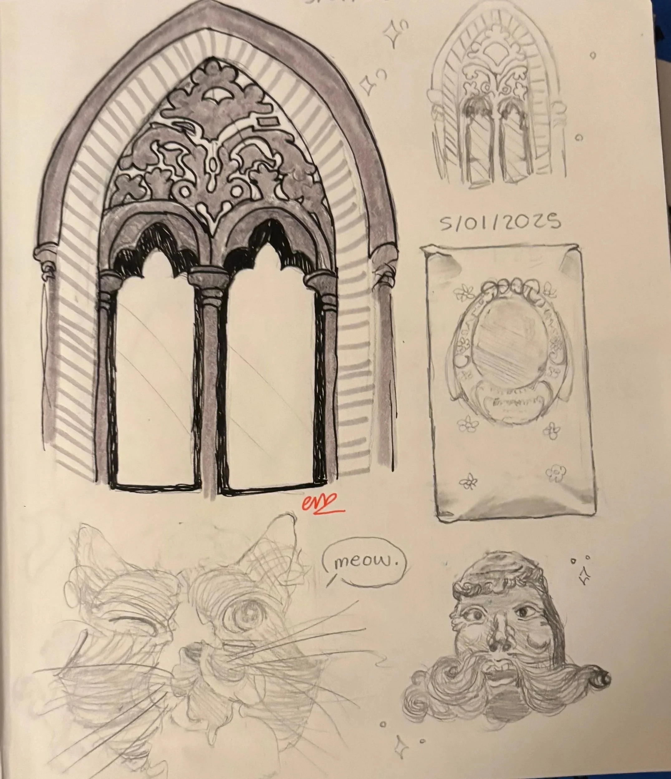 Graphite studies of gothic arches, figures, and ornamental details