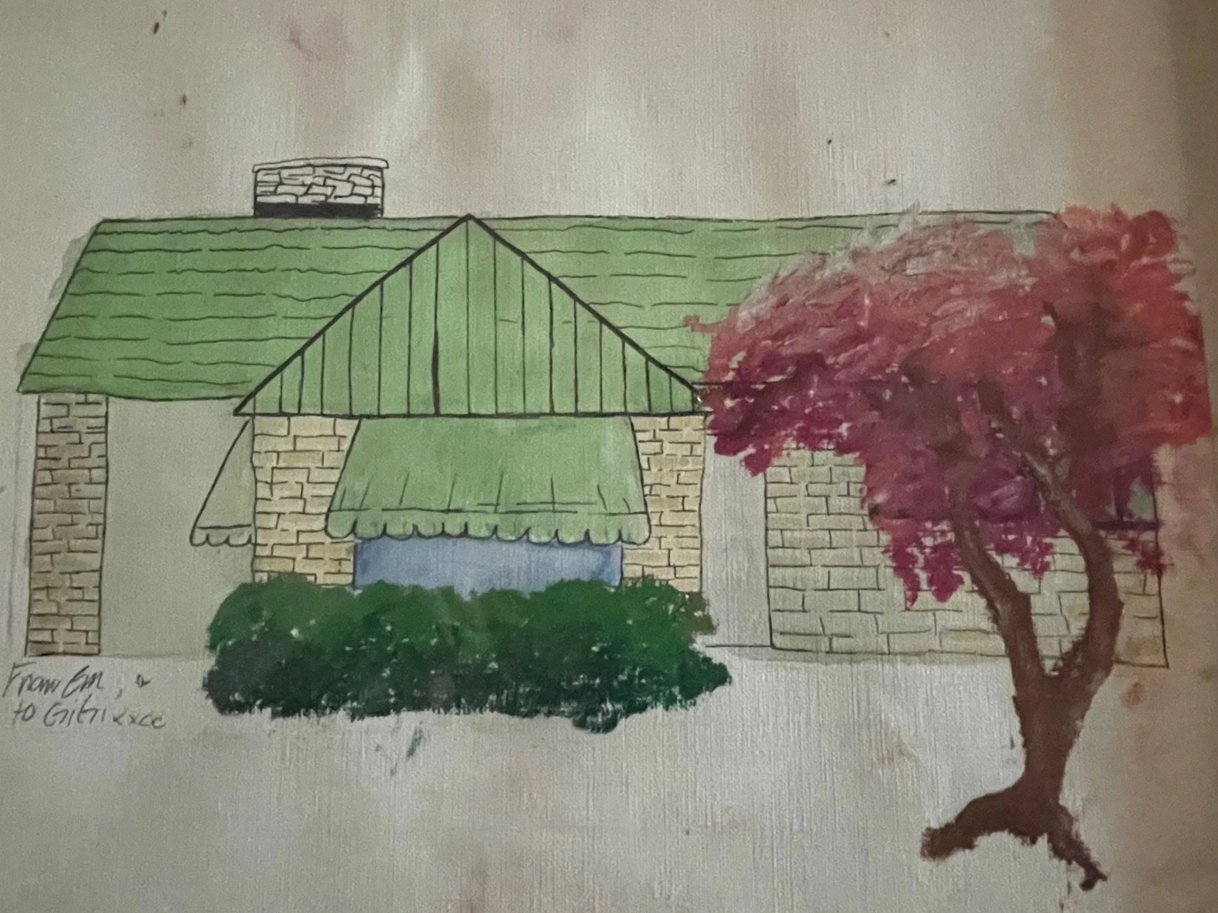 Oil pastel home with a green roof and deep red tree