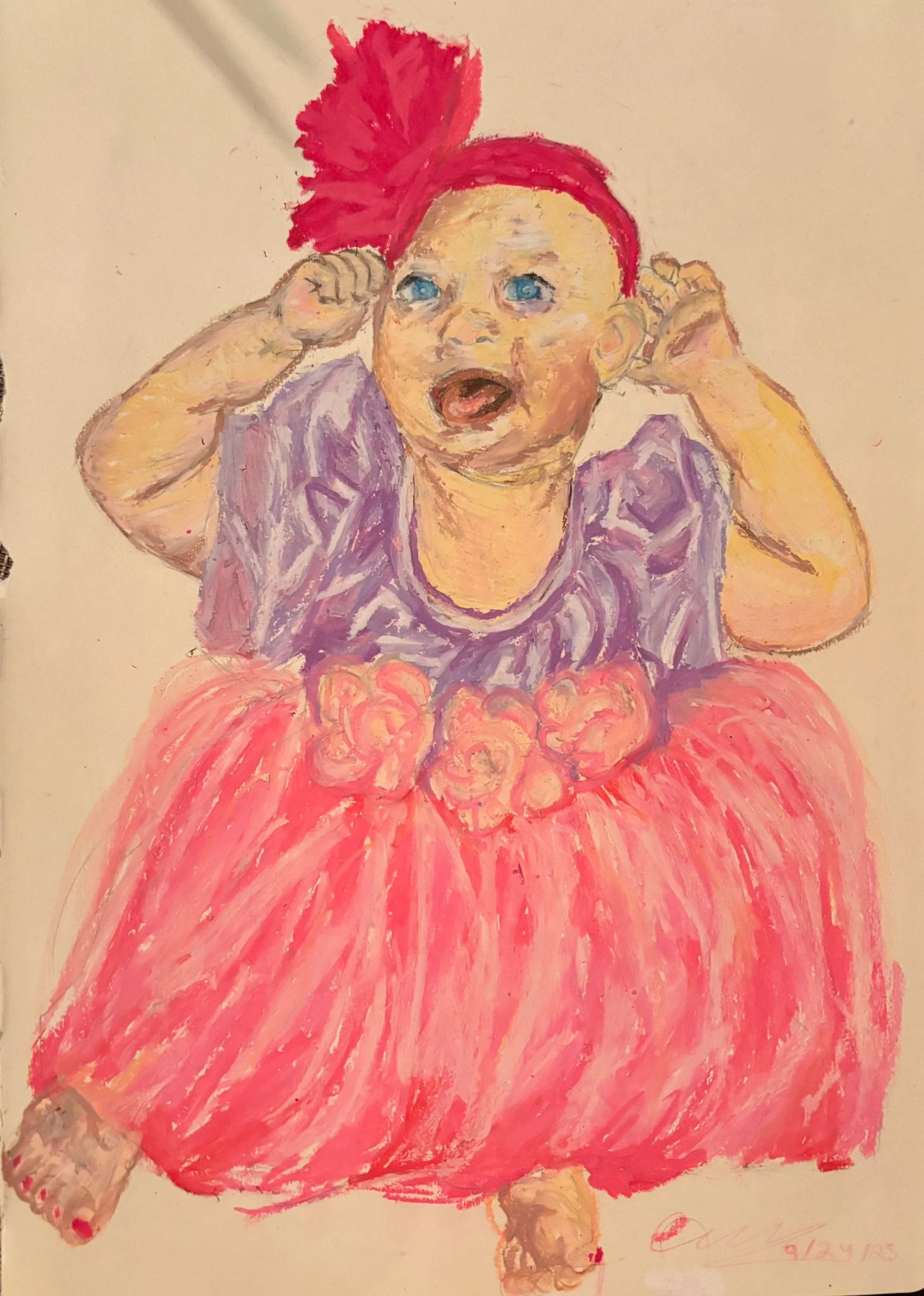 Expressive oil pastel figure in a layered pink dress