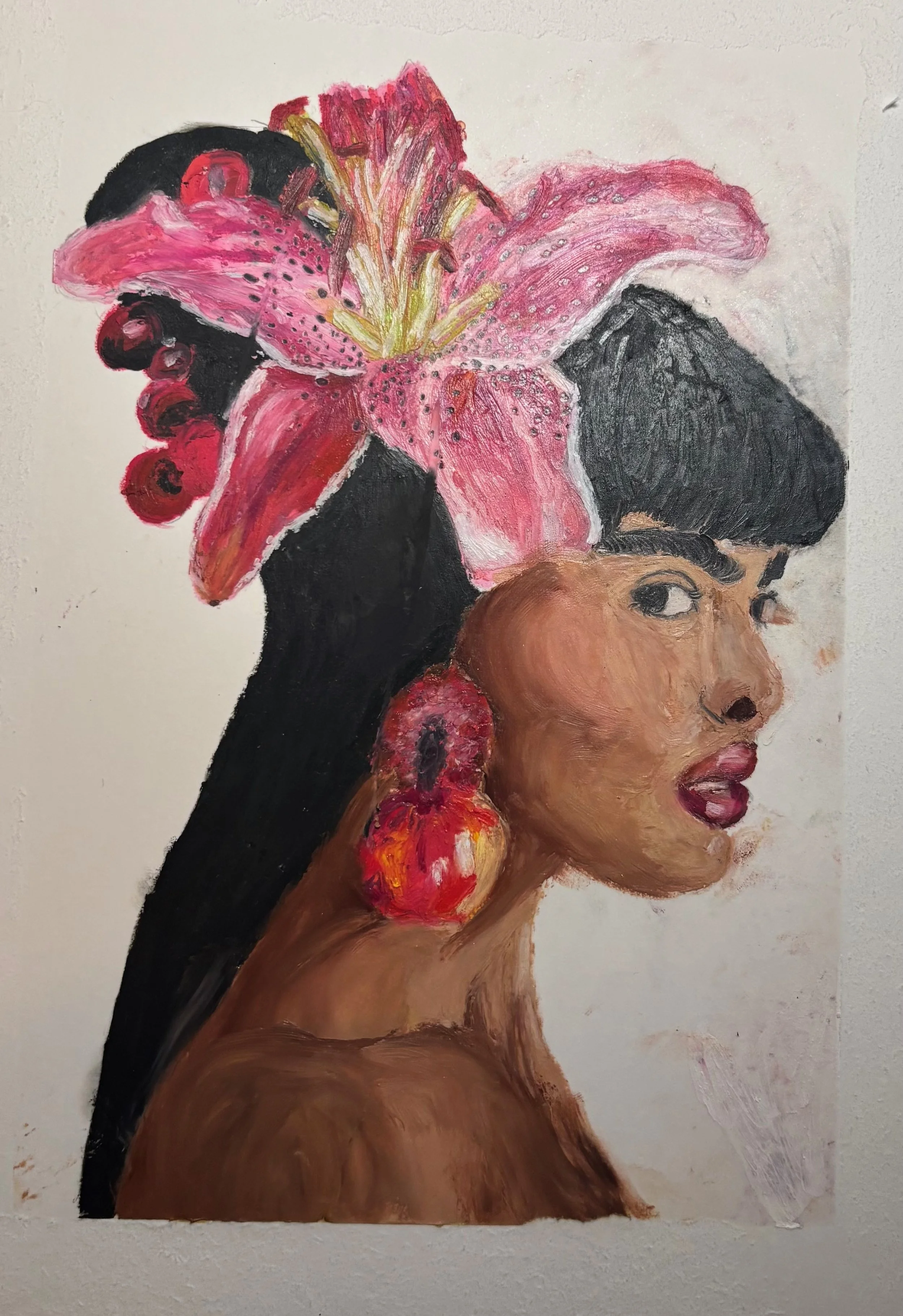 Oil pastel portrait of a woman wearing a pink lily and statement earring