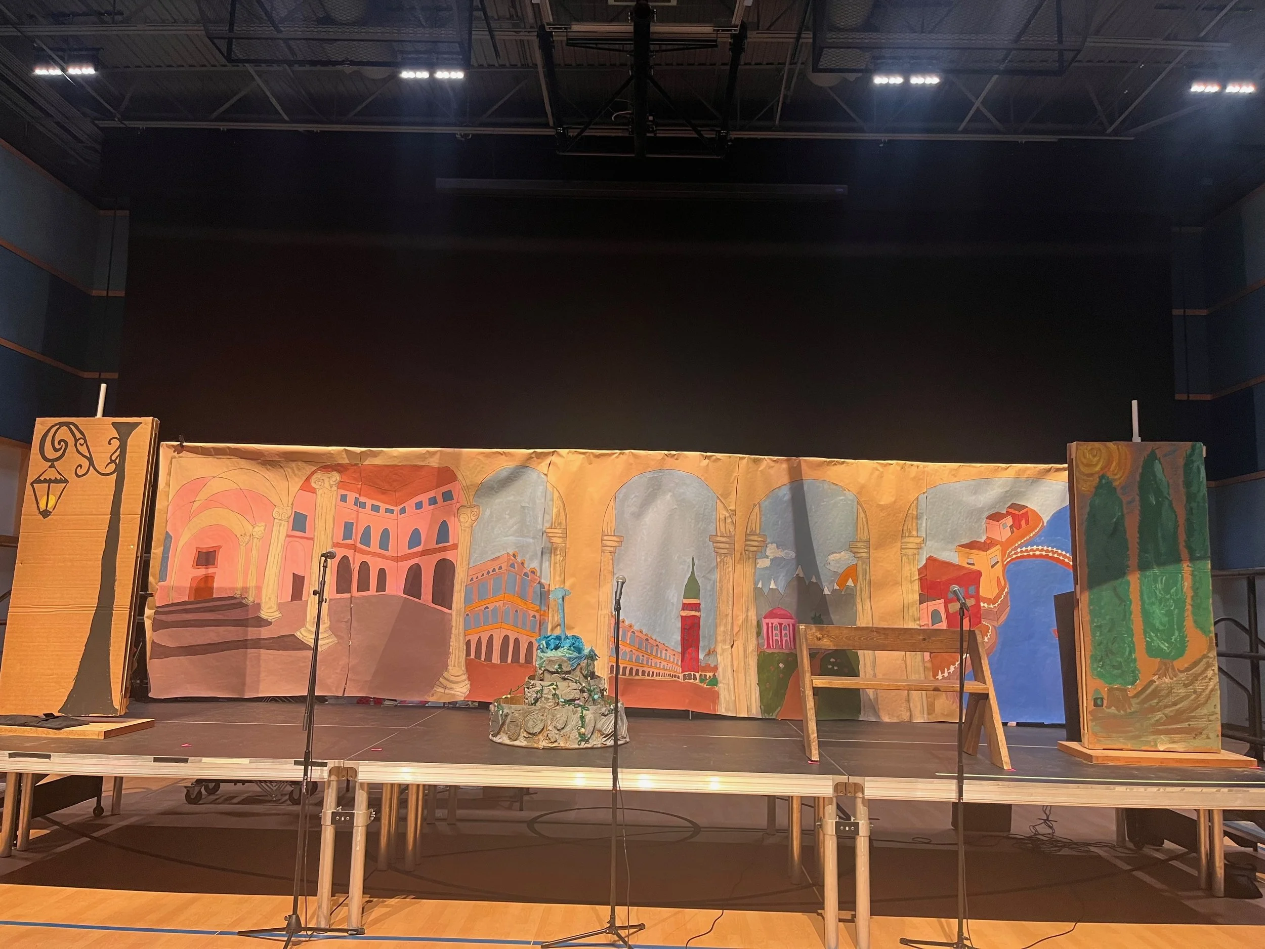 Colorful panoramic theatrical set installed on a stage
