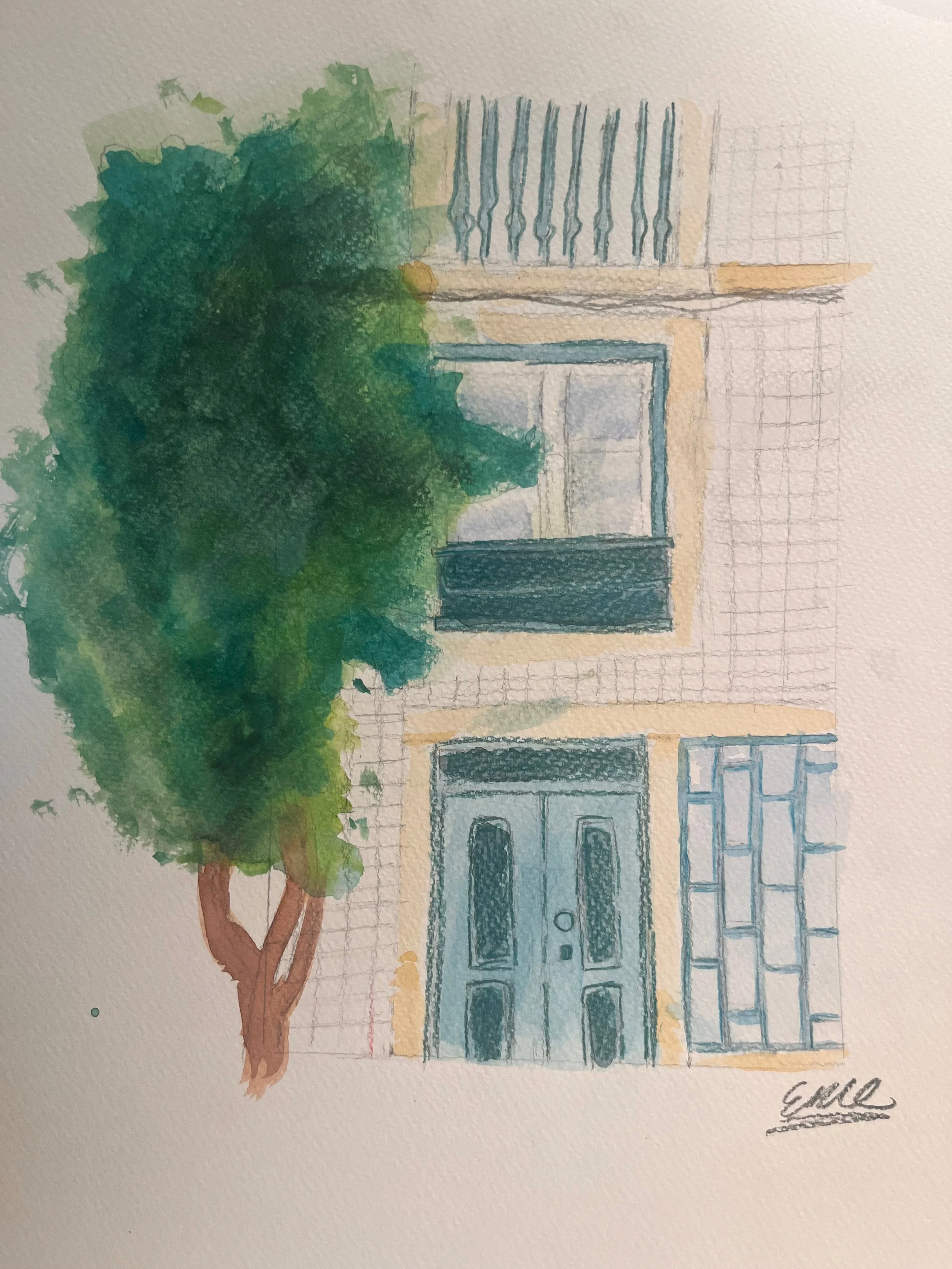 Watercolor study of a building facade partly covered by a green tree
