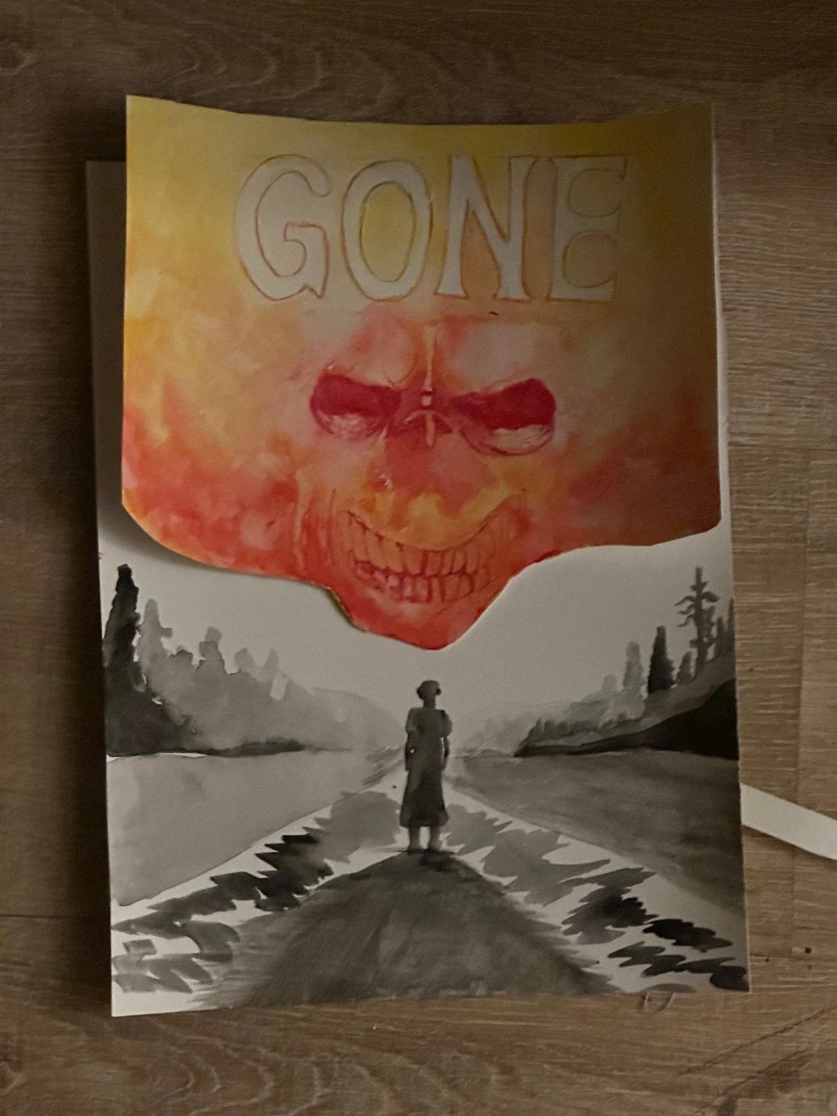 Hand-painted book cover titled Gone with a red skull and road scene