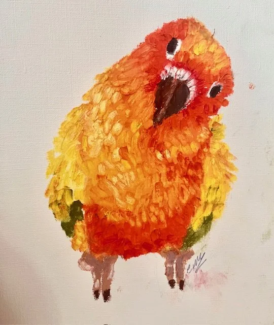 Orange and yellow bird in oil pastel by Emerson